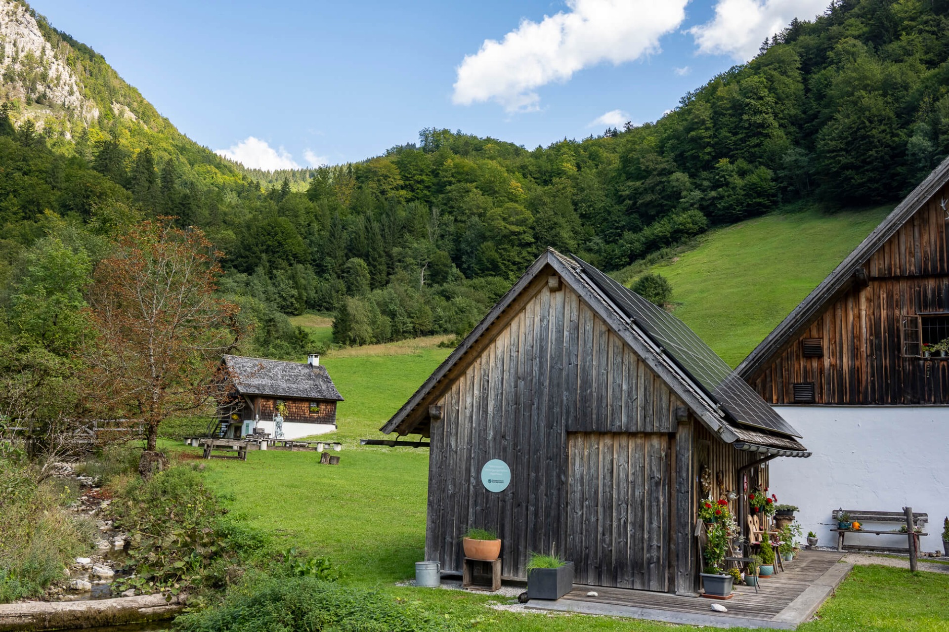 Holzhäuser im grünen Tal, steile Berge und Wald, sonniger Himmel mit Wolken über dem Bauernhof.